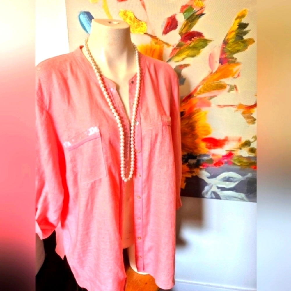 Salmon Button-Up Tunic Blouse With Delicate Accents Xl